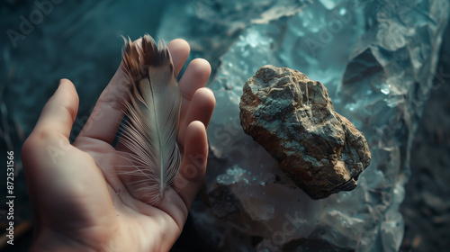 Hand Holding Feather and Rock with Crystal Background