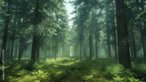 A dense forest of pine trees, their tall trunks reaching skyward and their needles creating a soft, green canopy. The forest floor is covered in a thick layer of pine needles.