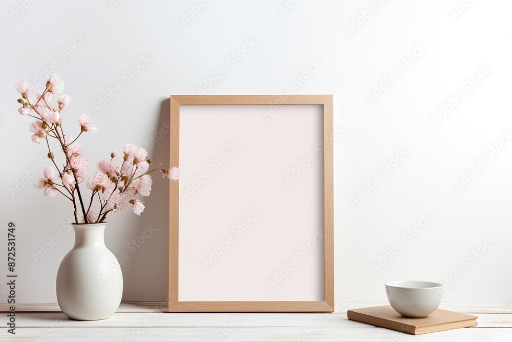 Modern Interior Design Mockup with Wooden Frame, White Vase, and Pink Flowers. Contemporary Decor Against White Wall Background