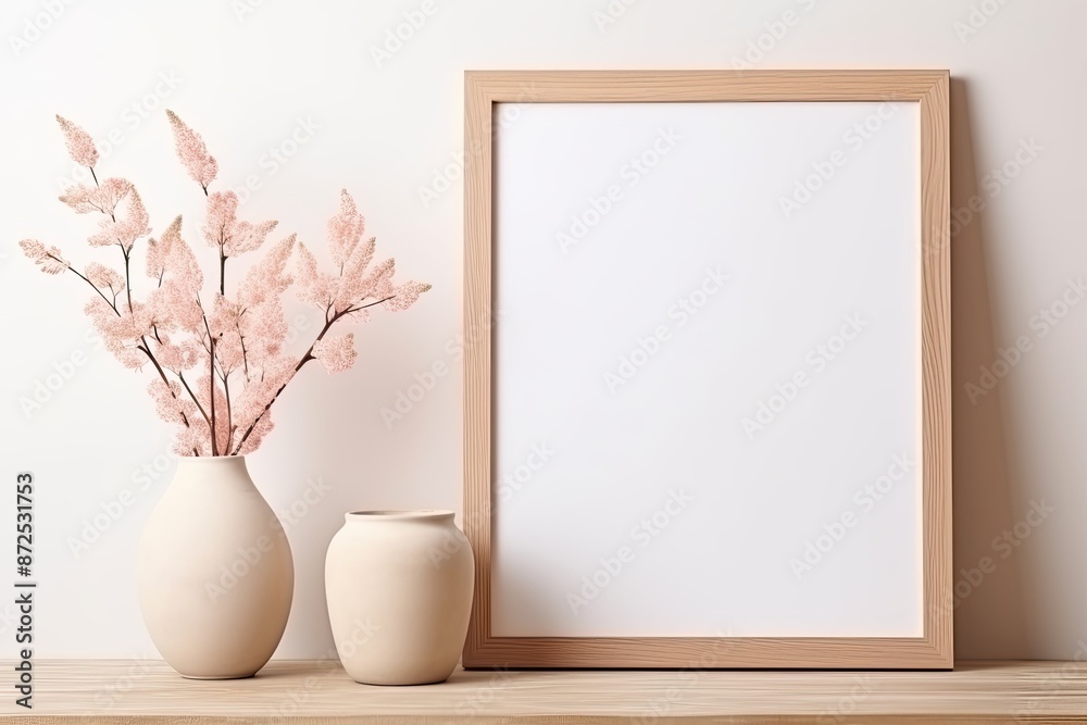 Modern Interior Design Mockup with Wooden Frame, White Vase, and Pink Flowers. Contemporary Decor Against White Wall Background Modern Interior Design Mockup with Wooden Frame, White Vase, and Pink Flowers. Contemporary Decor Against White Wall Background