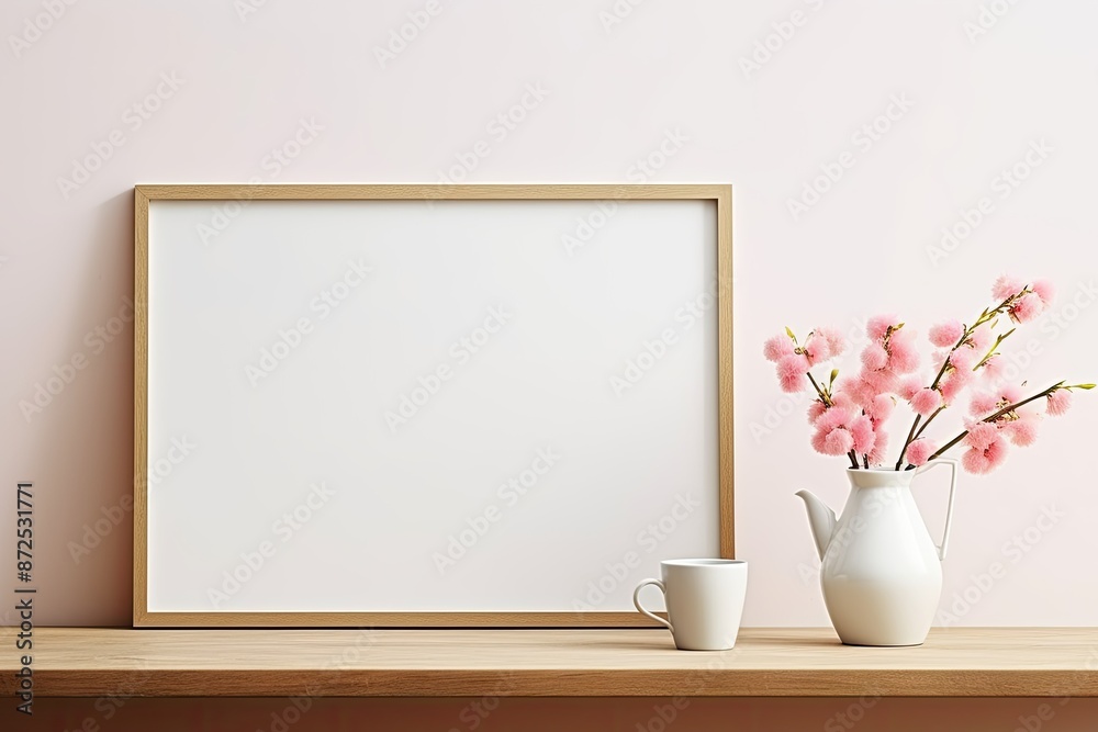 Modern Interior Design Mockup with Wooden Frame, White Vase, and Pink Flowers. Contemporary Decor Against White Wall Background Modern Interior Design Mockup with Wooden Frame, White Vase, and Pink Flowers. Contemporary Decor Against White Wall Background