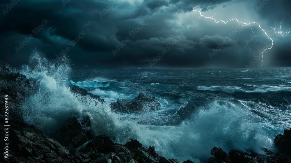 Fototapeta premium Capture the dynamic energy of a stormy sea, with dark, tumultuous waves crashing against a rocky shore, and lightning illuminating the sky.