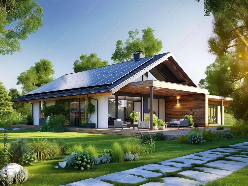 Modern Suburban House with Solar Panel Roof in Lush Green Landscape. Energy-Saving Architecture with Clear Blue Sky