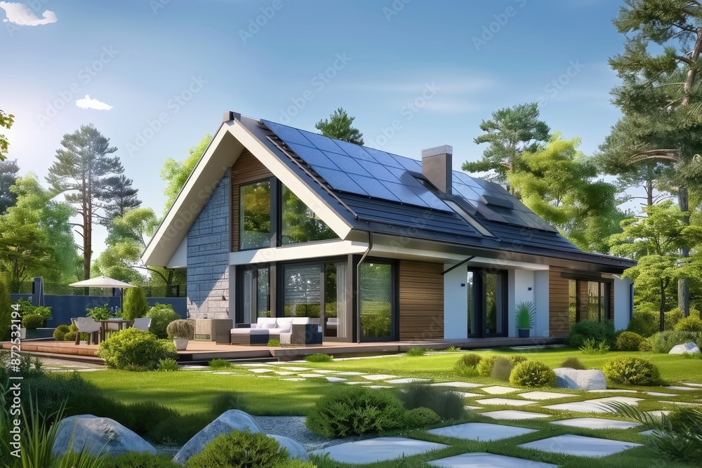 Modern Suburban House with Solar Panel Roof in Lush Green Landscape. Energy-Saving Architecture with Clear Blue Sky Modern Suburban House with Solar Panel Roof in Lush Green Landscape. Energy-Saving Architecture with Clear Blue Sky