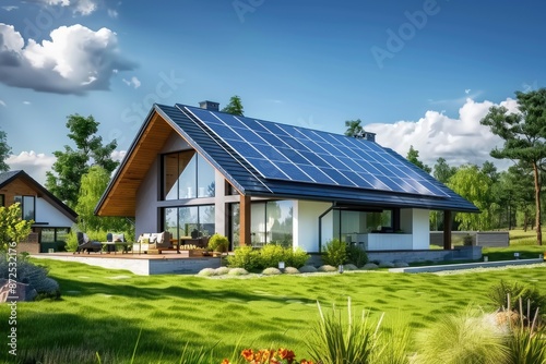 Modern Suburban House with Solar Panel Roof in Lush Green Landscape. Energy-Saving Architecture with Clear Blue Sky © DreamStock