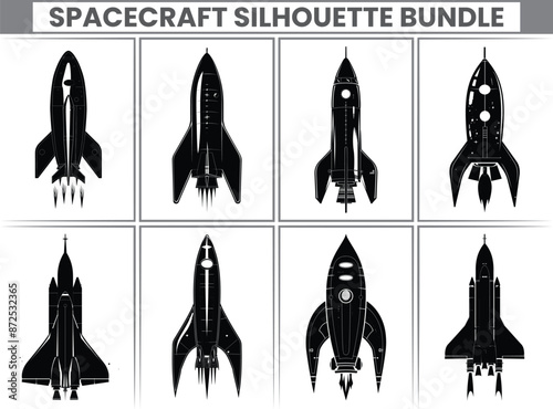 Spaceship and Spacecraft Silhouette Bundle Black space Rocket Icons and Emblems.