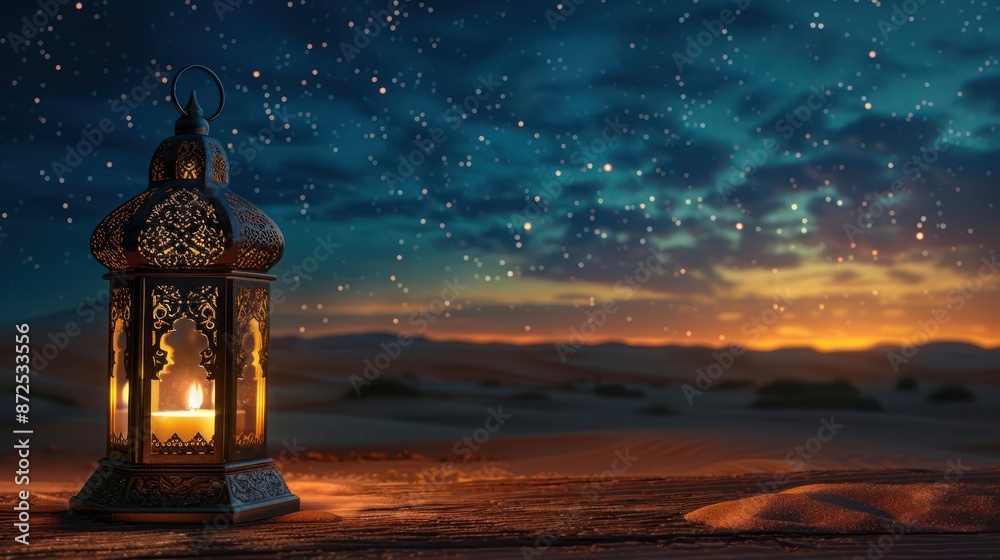Traditional Arab Lantern Illumination in Desert Sunset Ambiance Traditional Arab Lantern Illumination in Desert Sunset Ambiance