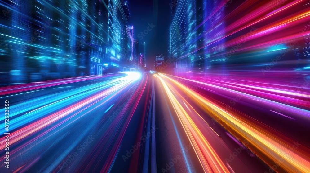 Obraz premium Dynamic Night Cityscape with Vibrant Light Trails and Modern Urban Architecture