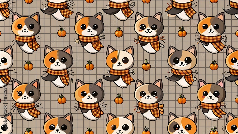 cat seamless pattern vector Halloween pumpkin kitten calico scarf isolated tile background repeat wallpaper cartoon illustration doodle design cat seamless pattern vector Halloween pumpkin kitten calico scarf isolated tile background repeat wallpaper cartoon illustration doodle design