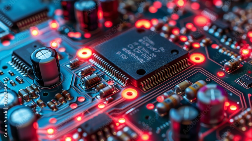 The image shows a close-up of a computer circuit board The image shows a close-up of a computer circuit board