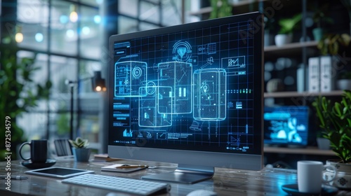 Wallpaper Mural The picture shows a computer on a desk. The computer is displaying a 3D model of a smart home. Torontodigital.ca