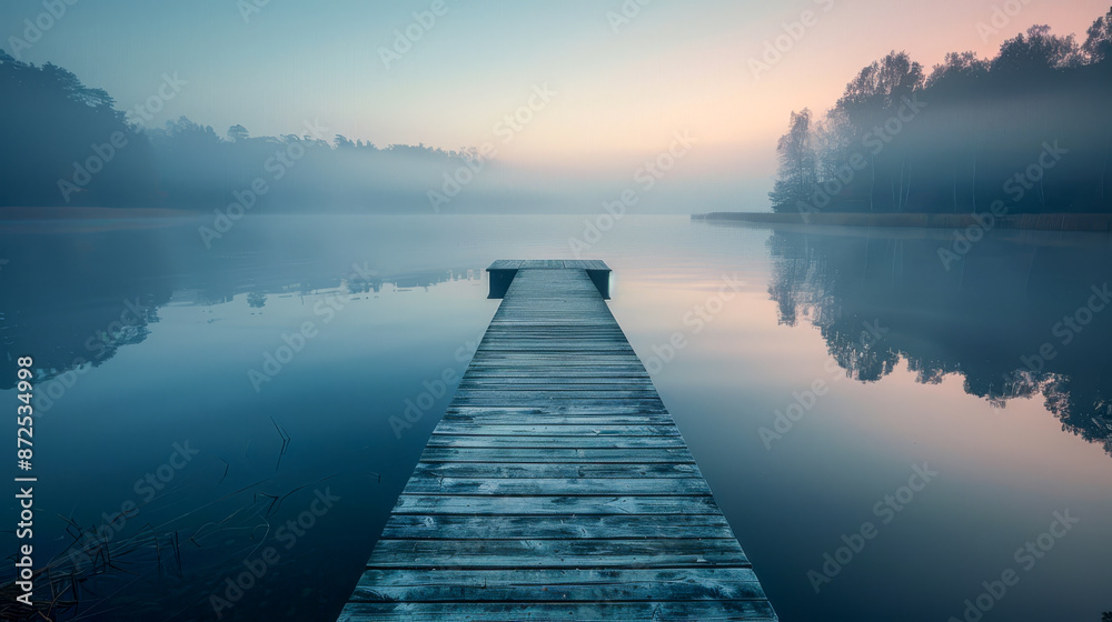 Obraz premium Serene Morning Mist Over Abandoned Wooden Pier