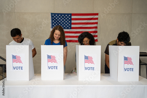 Canvas Print us election, diverse group of people voting, america usa voting station booth, c