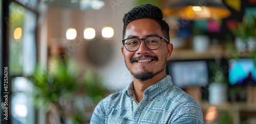 Smiling Man Wearing Glasses in a Cafe