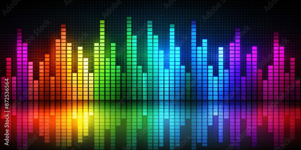 Abstract Colorful Music Equalizer Bars on Black Grid Background Abstract Colorful Music Equalizer Bars on Black Grid Background