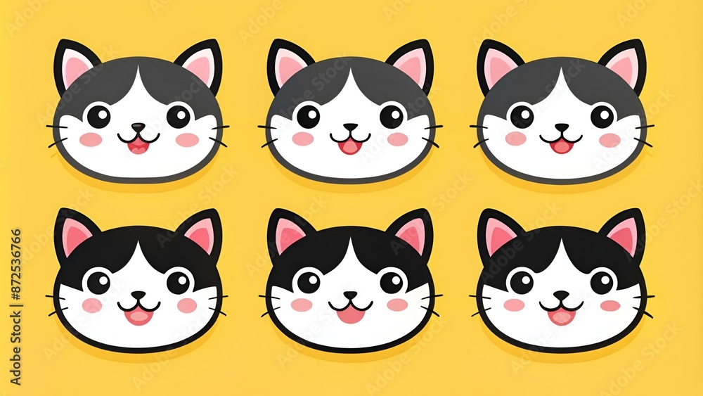 Black and white cat head face line contour silhouette icon set. Pink blush cheeks. Funny kawaii smiling baby animal. Cute cartoon funny character. Pet collection. Flat design Yellow background. Black and white cat head face line contour silhouette icon set. Pink blush cheeks. Funny kawaii smiling baby animal. Cute cartoon funny character. Pet collection. Flat design Yellow background.