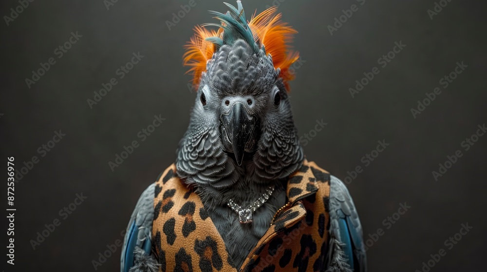 Obraz premium A African Grey Parrot With An Orange And Blue Mohawk Hairstyle, Wearing A Leopard Print Vest Top And A Diamond Necklace Around Its Neck