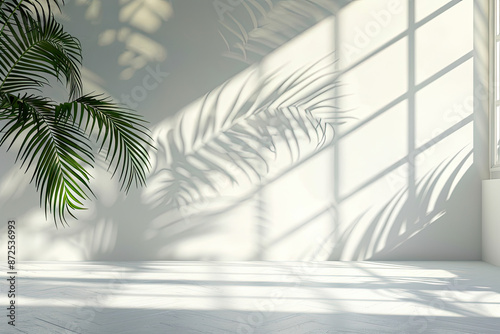 Palm Leaf Shadows on Light Beige Grunge Concrete, Abstract Texture and White Wall Background for Wallpaper © DreamStock