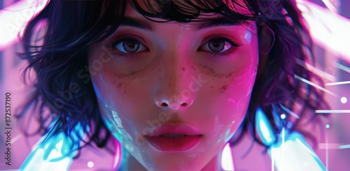 Close Up Portrait of Woman With Pink and Blue Neon Lights