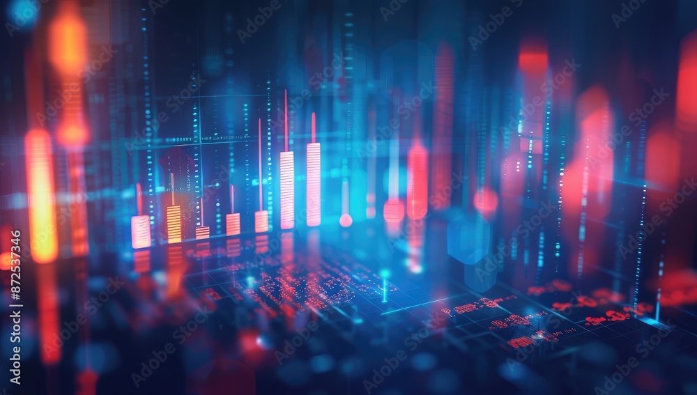 Abstract Digital Red and Blue Stock Market Chart on Screen, Various Data Points and Trend Lines, Forex Trade with Blurred Background Abstract Digital Red and Blue Stock Market Chart on Screen, Various Data Points and Trend Lines, Forex Trade with Blurred Background