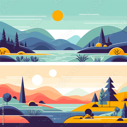 Landscapes in minimalistic flat style vector illustration