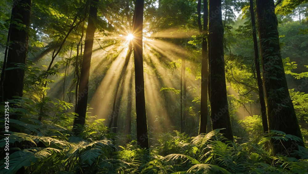 Obraz premium the serene beauty of a sunlit green forest