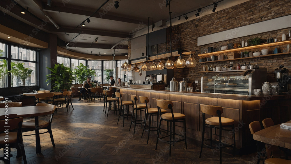 a restaurant with a large wooden table and chairs. a restaurant with a large wooden table and chairs.