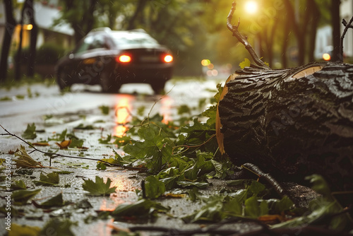 Trees fall on cars on the road, Property insurance claims for storm damage. photo