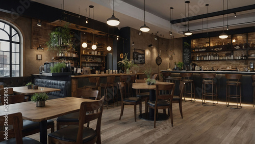 a restaurant with a large wooden table and chairs.