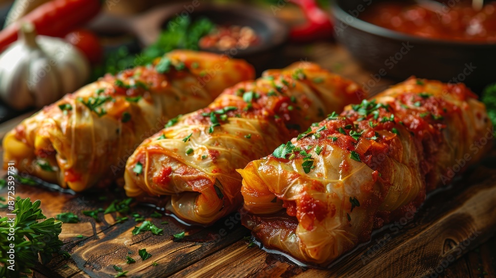 Delicious Stuffed Cabbage Rolls in Tomato Sauce - Generative AI Delicious Stuffed Cabbage Rolls in Tomato Sauce - Generative AI