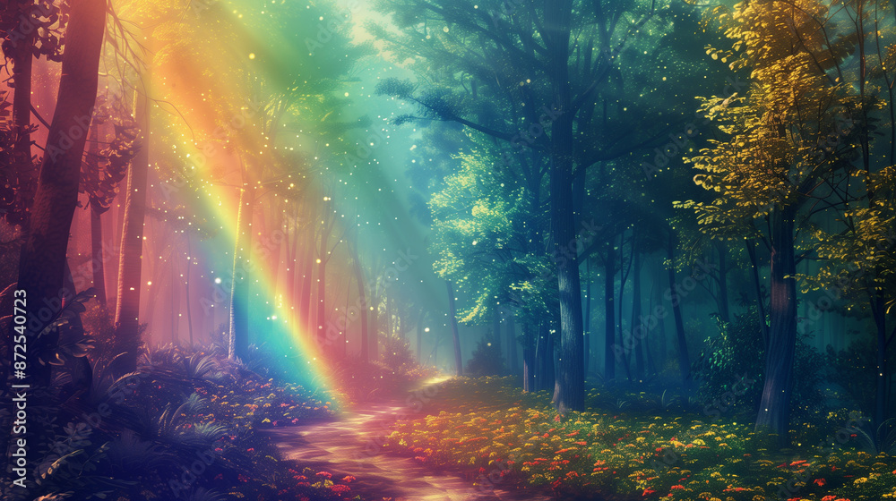 A magical rainbow lights up the fairytale forest creating a colorful and enchanting scene A magical rainbow lights up the fairytale forest creating a colorful and enchanting scene
