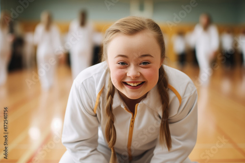Joyful Girl with Down Syndrome at Inclusive Sports Practice - Smiling Child with Special Needs Participating in Physical Education Class