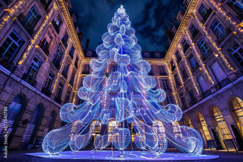 Giant illuminated Christmas tree in Saint-Martin courtyard of Grand Hotel Dieu Lyon France photo