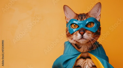 Portrait Of A Bengal Cat In A Blue Superhero Mask And Cape On A Pastel Yellow Background, With A Banner Including A Copy Space Area