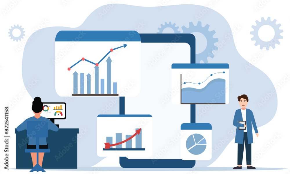 People analyse data online and prepare graph reports on a mobile. Finance report graph data analytics concepts. Flat vector illustration. People analyse data online and prepare graph reports on a mobile. Finance report graph data analytics concepts. Flat vector illustration.