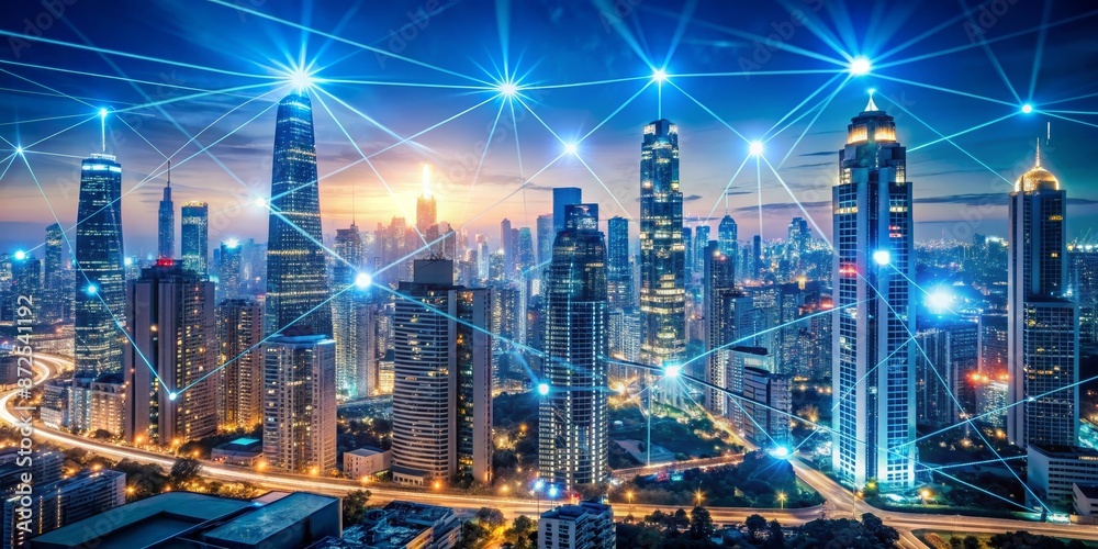 Connected Cityscape with Illuminated Sky at Night Connected Cityscape with Illuminated Sky at Night