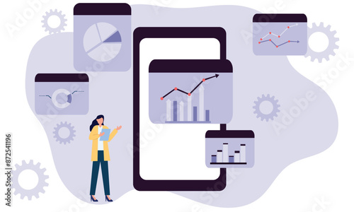 People analyse data online and prepare graph reports on a mobile. Finance report graph data analytics concepts. Flat vector illustration.