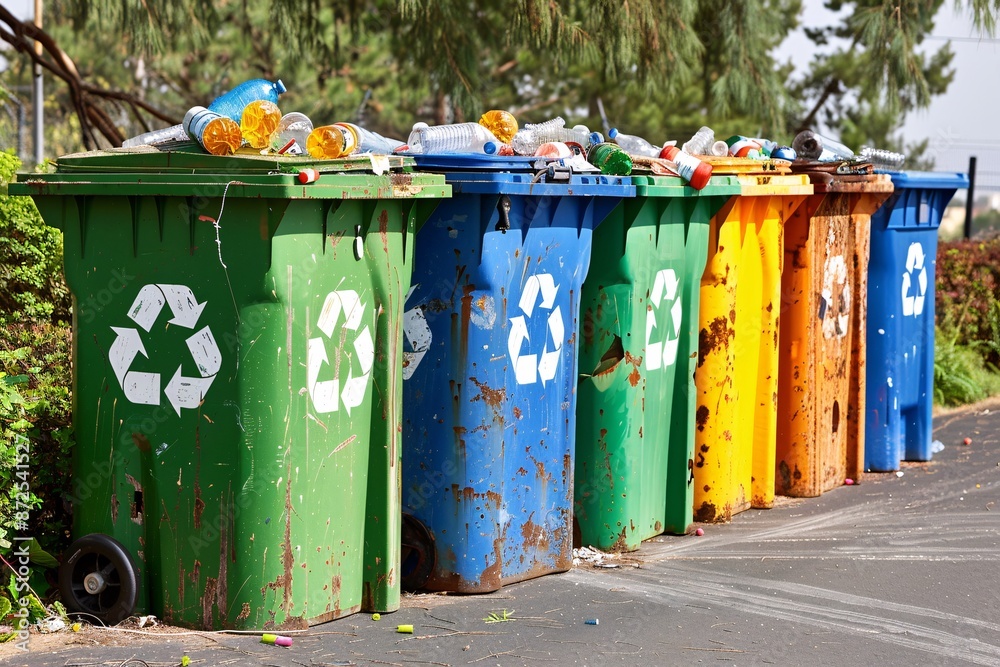 Recycling bins. Colorful trash cans in a row in the city. Recycling concept. Recycling bins. Colorful trash cans in a row in the city. Recycling concept.