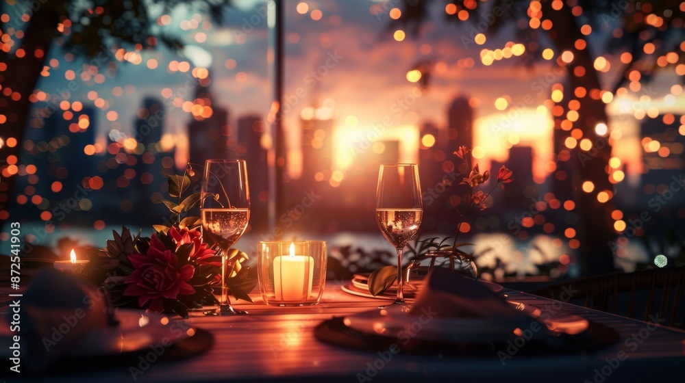 a candlelit dinner setup for an anniversary celebration, with a romantic city skyline visible in the background a candlelit dinner setup for an anniversary celebration, with a romantic city skyline visible in the background