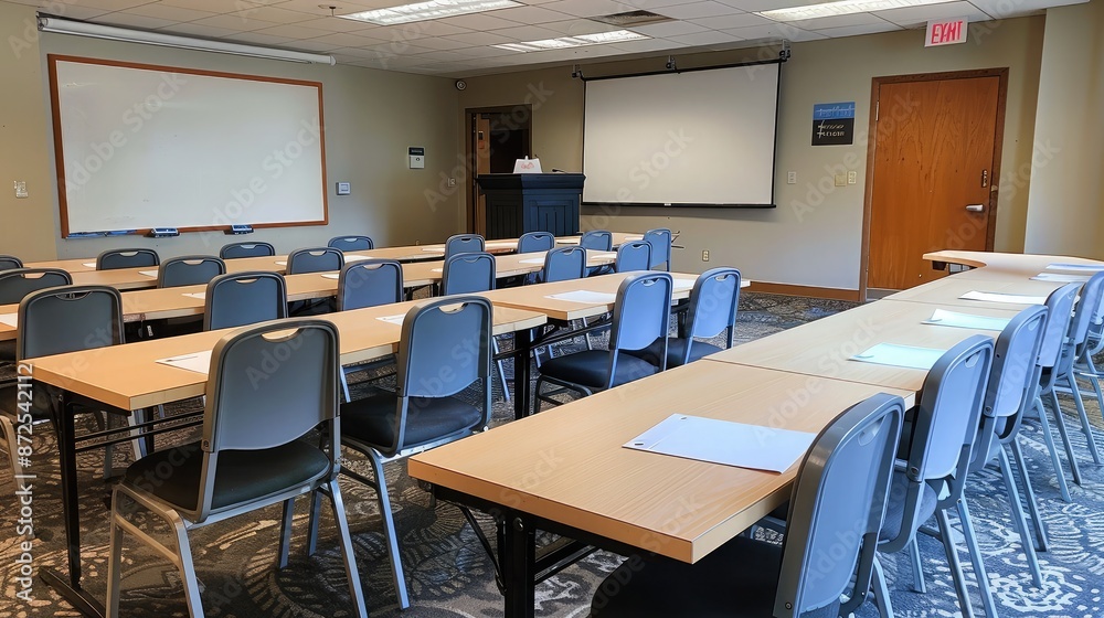 Classroom setup with a long table and several chairs arranged neatly, whiteboard in the background Classroom setup with a long table and several chairs arranged neatly, whiteboard in the background