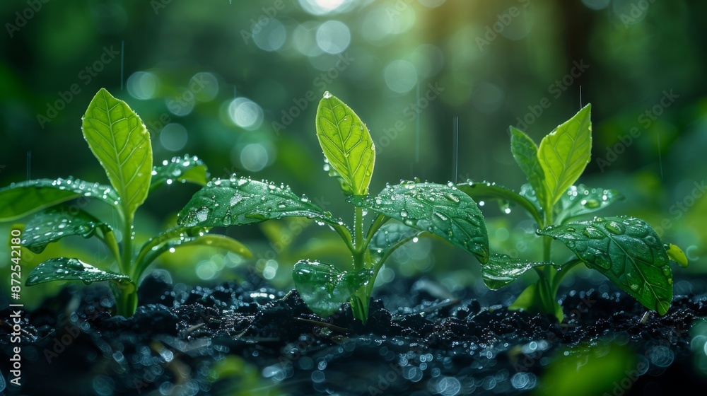 Young Green Plants with Dew Drops in Rainy Forest - Generative AI Young Green Plants with Dew Drops in Rainy Forest - Generative AI