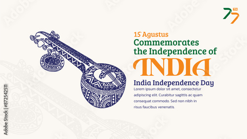 India Independence Day Banner. Hand-Drawn Saraswati veena with Trendy Stamp. 15th Agustus Celebration