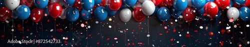 Red, White, and Blue Balloons Falling With Confetti on a Dark Background