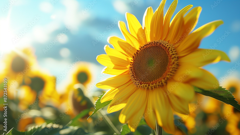 Fototapeta premium A close-up of a bright yellow sunflower, its large, round bloom capturing the sunlight. The flower’s cheerful appearance brightens the scene.
