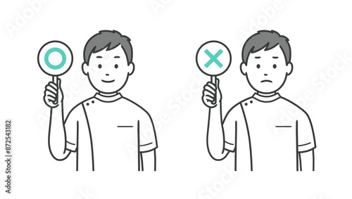 まるばつの札を持つ男性看護師の上半身イラスト
