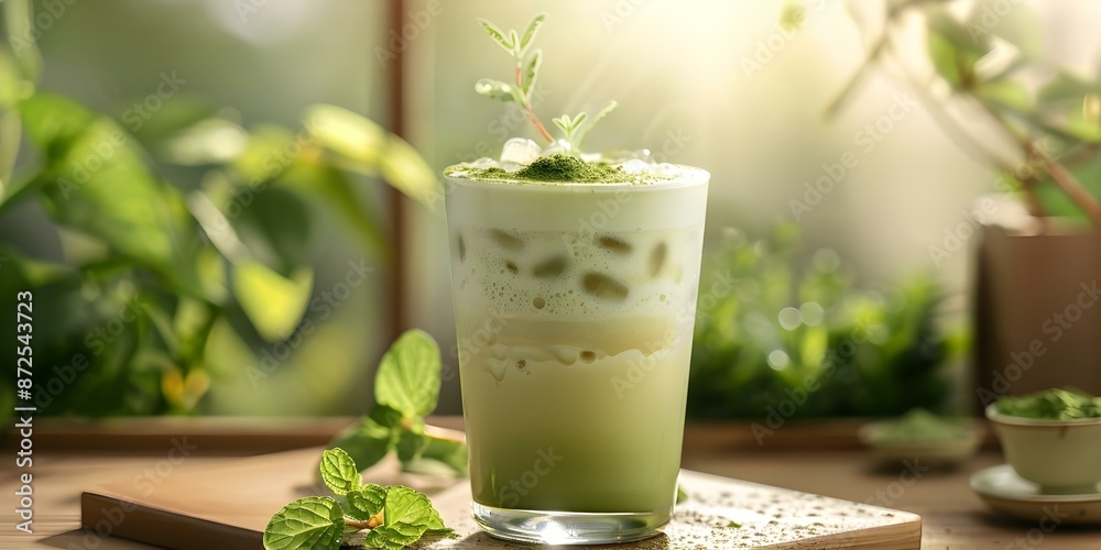 Collagen-Infused Matcha Latte. Concept Matcha Latte, Collagen Supplements, Healthy Beverage, Anti-Aging Drinks Collagen-Infused Matcha Latte. Concept Matcha Latte, Collagen Supplements, Healthy Beverage, Anti-Aging Drinks