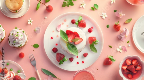 A flat lay of a delicious dessert with strawberries, cake and flowers on a pink background.