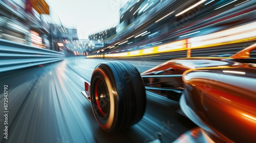 Capture the speed of a racing car, with the motion blur emphasizing the power and velocity as it zooms past the camera.