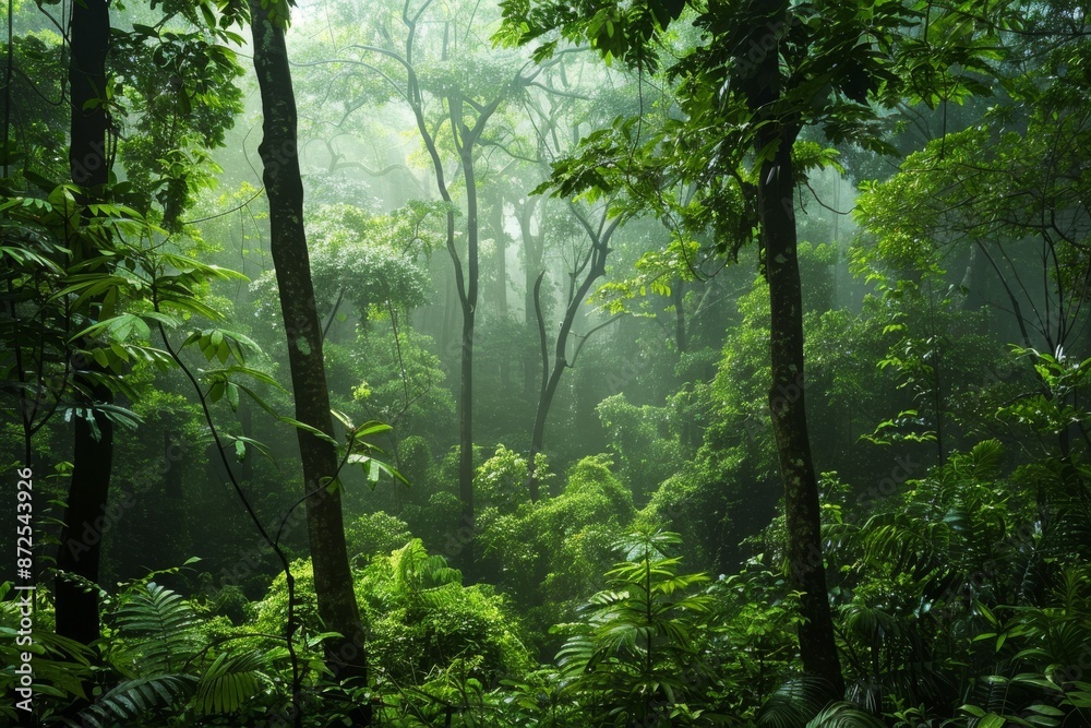 A Misty Forest Filled with Lush Green Foliage A Misty Forest Filled with Lush Green Foliage