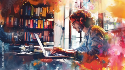 Young entrepreneur working on a laptop in a co-working space, watercolor style © S. CREATOR Studio